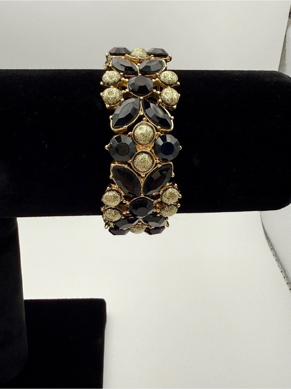 J.Crew Vintage Black Floral Gem & Gold Glitter Cabochon Stretch Bracelet